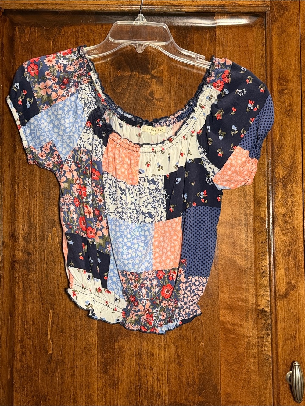 Copper Key Patchwork Floral Off-Shoulder Crop Top - Navy, Coral & Light Blue